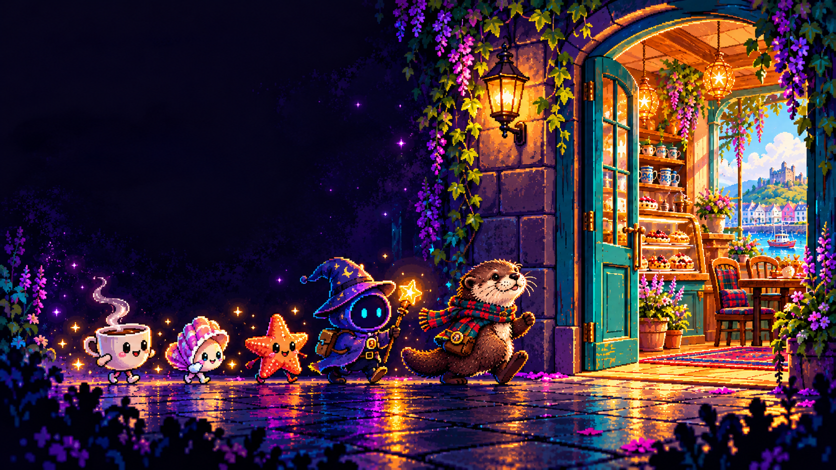 A small sea otter leads a party of magical pixel characters through a glowing doorway into a Scottish seaside cafe